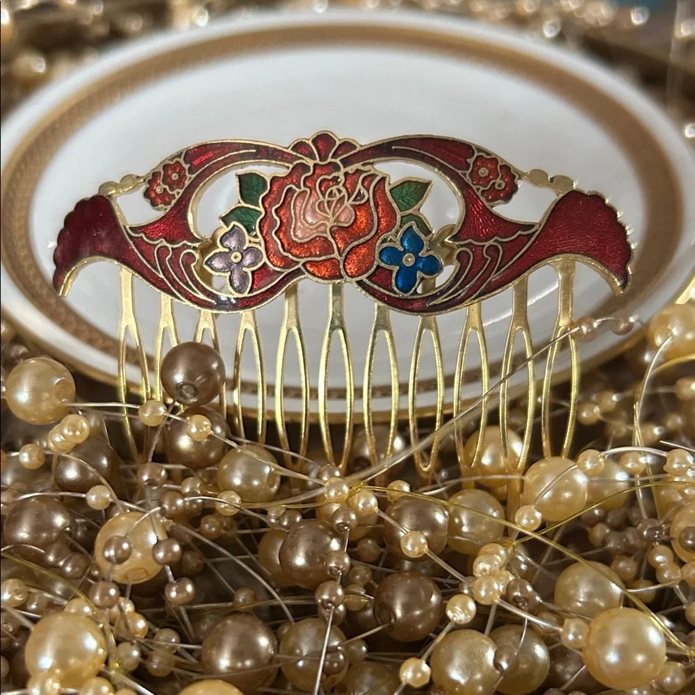 Vintage Cloisonné Enamel Hair Comb